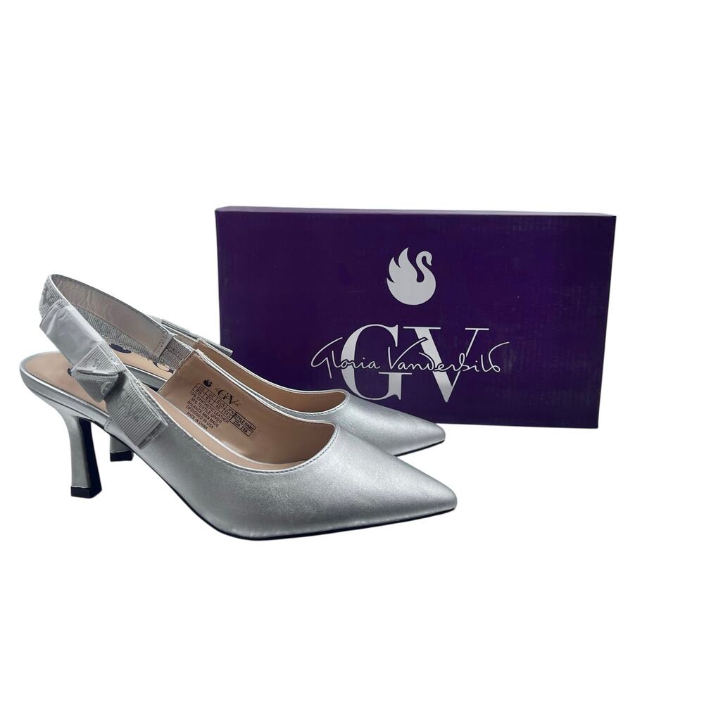 NIB Coquette Silver Ribbon Bow Gloria Vanderbilt Zsa Zsa Slingback Heels Sz 8.5